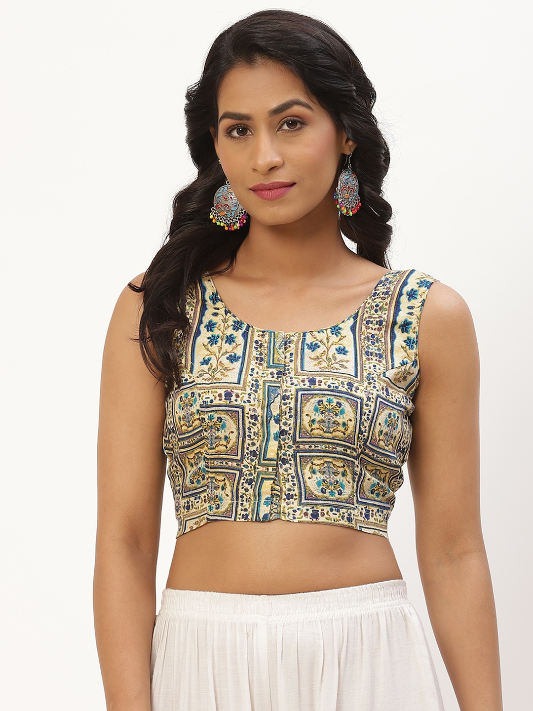 

Molcha Beige & Blue Ethnic Motifs Printed Non Padded Front Open Cotton Sleeveless Blouse