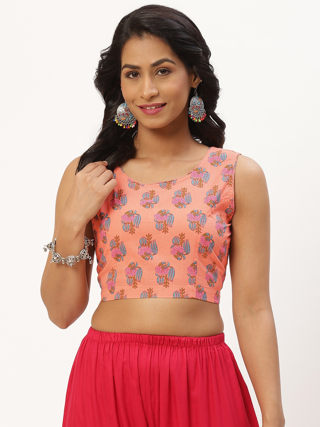 

Molcha Peach Ethnic Motifs Non Padded Back Open With Bow Tie-Up Cotton Sleeveless Blouse