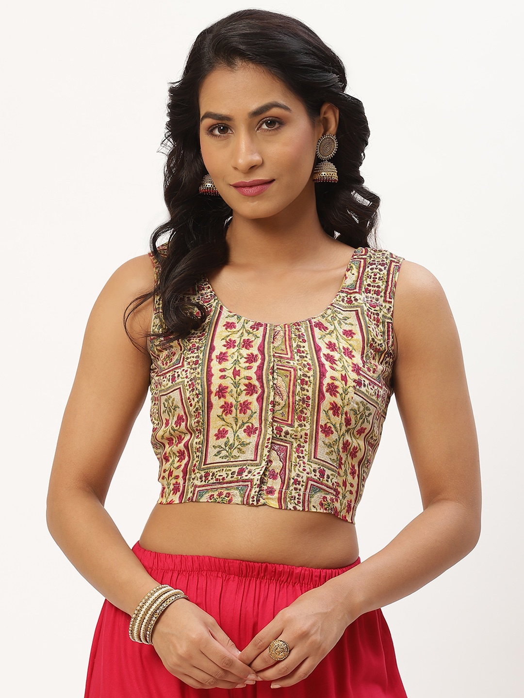 

Molcha Pink & Green Ethnic Motifs Printed Non Padded Cotton Blouse