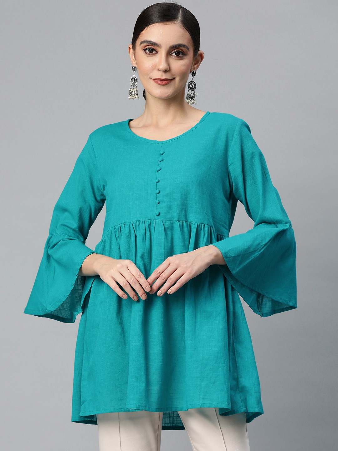 

SVARCHI Teal Green Pure Cotton Solid A-Line Top