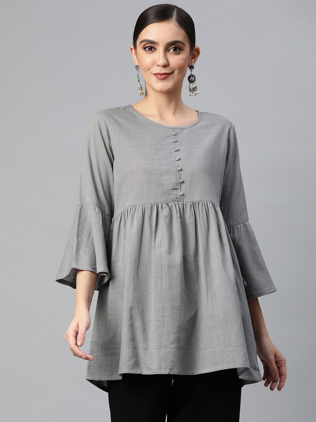 

SVARCHI Grey Pure Cotton Solid A-Line Top