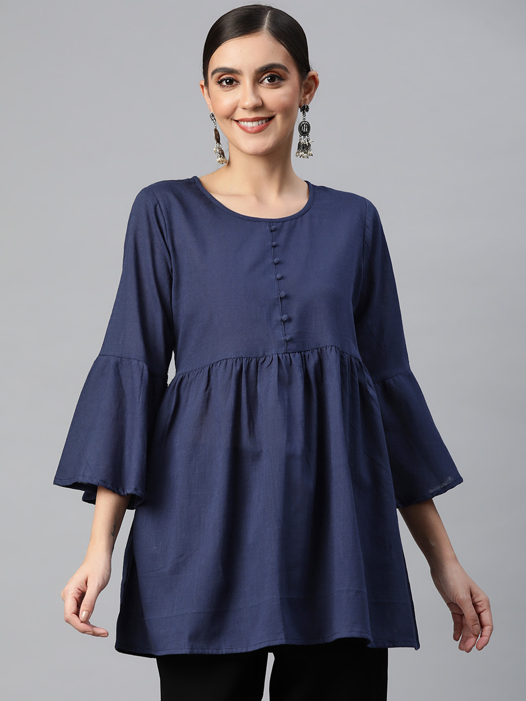 

SVARCHI Navy Blue Pure Cotton Solid A-Line Top