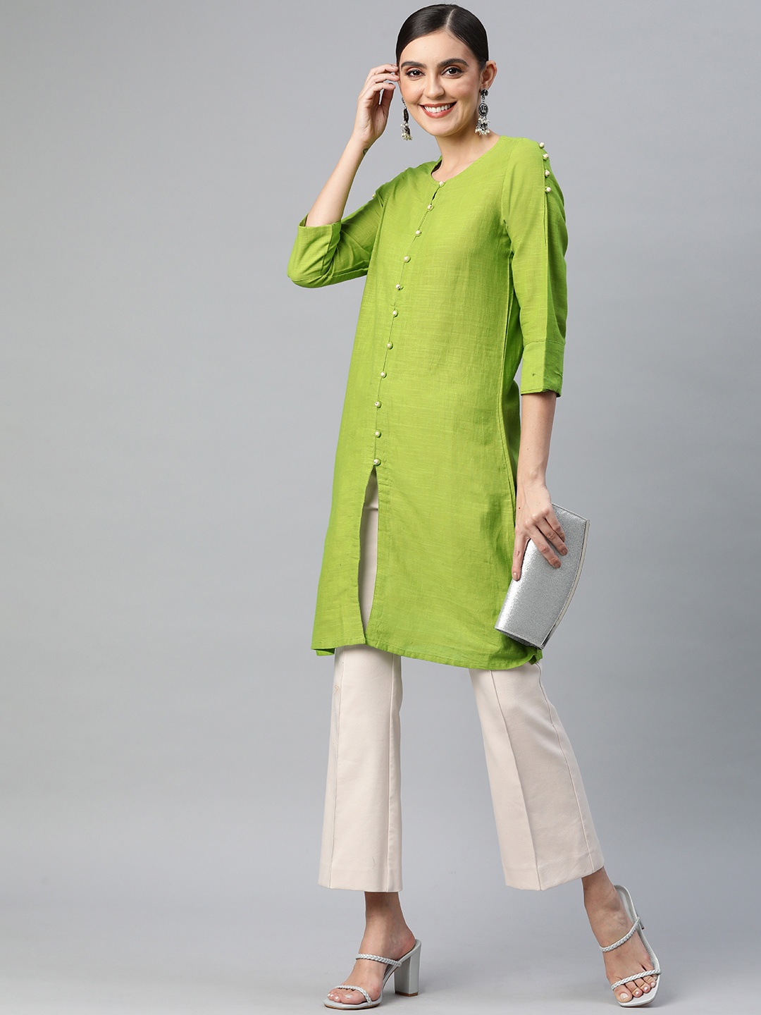 

SVARCHI Green Pure Cotton Solid A-Line Tunic