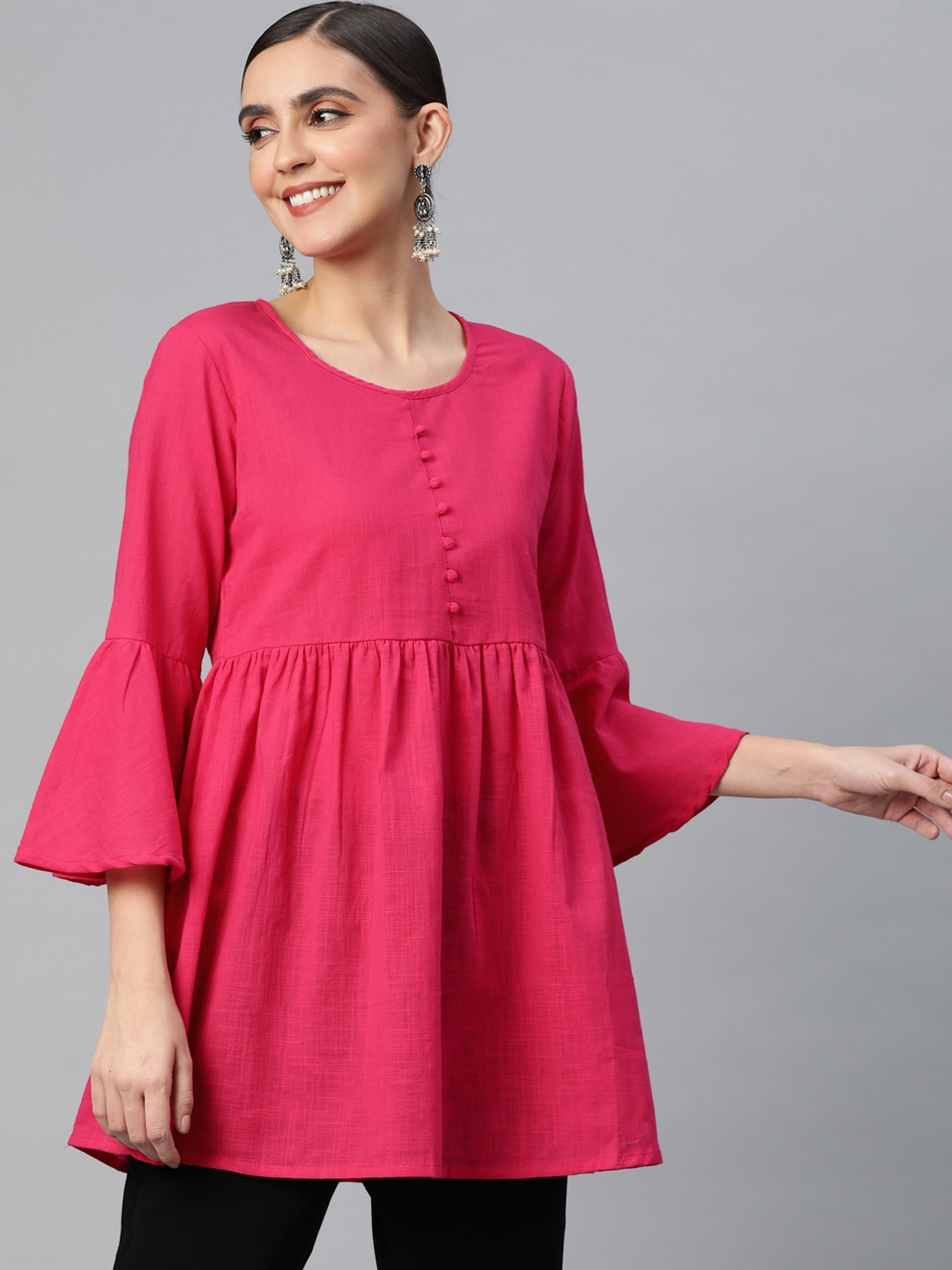 

SVARCHI Pink Pure Cotton Solid A-Line Tunic