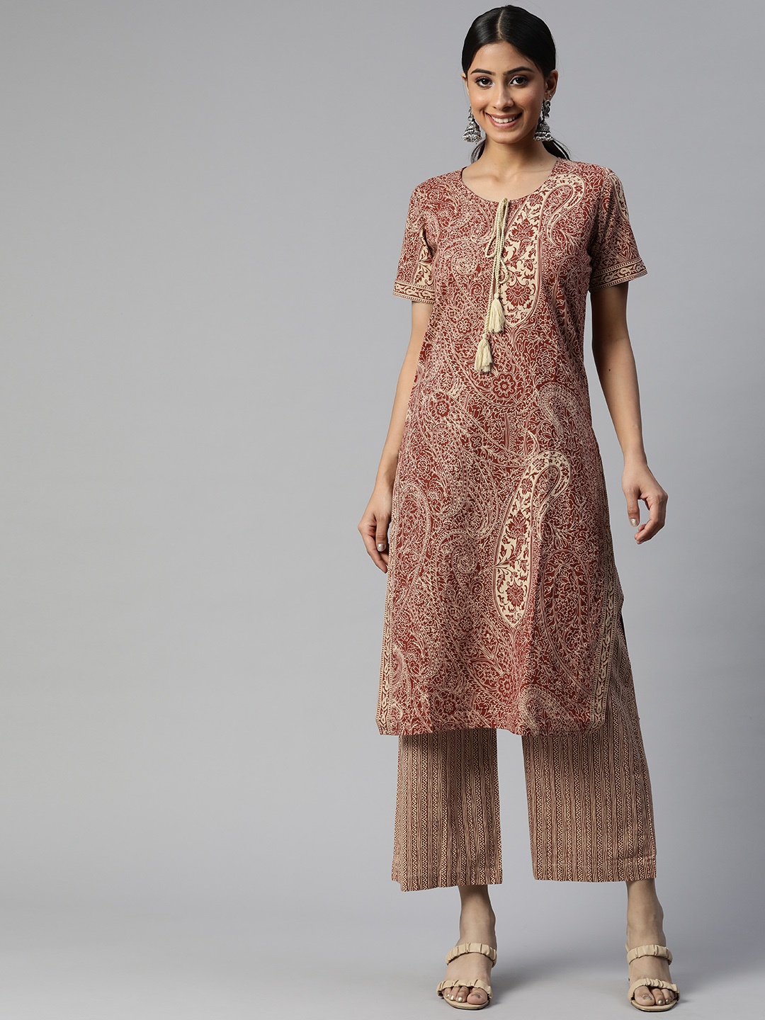 

SVARCHI Women Beige Ethnic Motifs Printed Pure Cotton Kurta with Palazzos