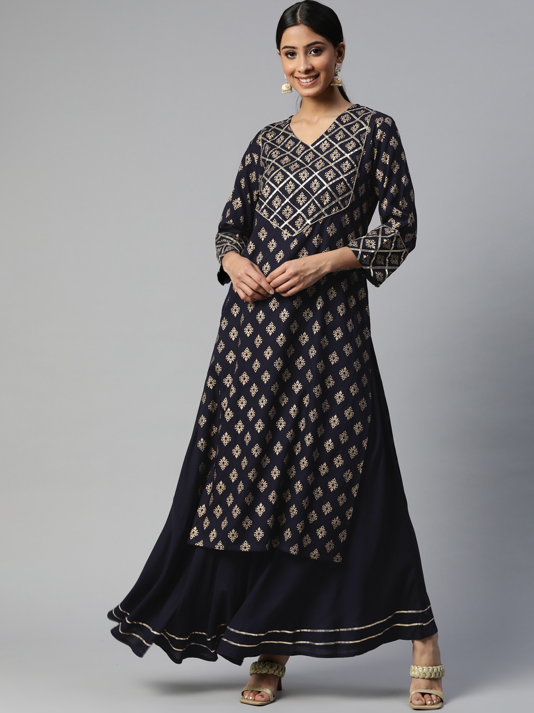 

SVARCHI Women Navy Blue Printed Kurta with Skirt