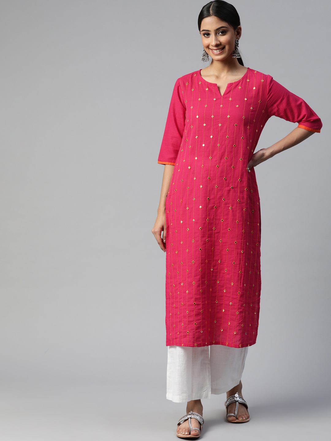 

SVARCHI Women Pink Embroidered Mirror Work Pure Cotton Kurta with Palazzos