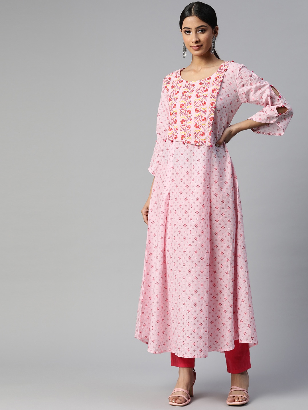 

SVARCHI Women Pink & Red Ethnic Motifs Printed Cotton Anarkali Kurta