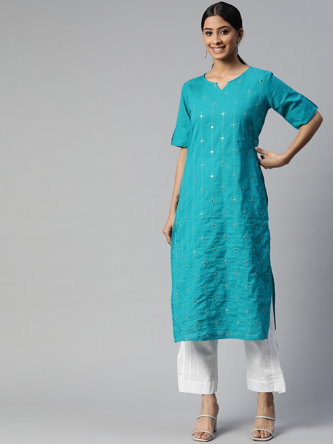 

SVARCHI Women Turquoise Blue Embroidered Mirror Work Pure Cotton Kurta with Palazzos