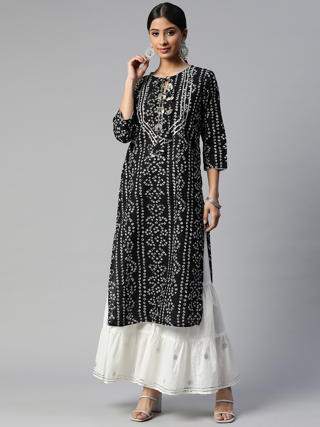 SVARCHI Women Black & White Bandhani Printed Gotta Patti Kurta with Sharara