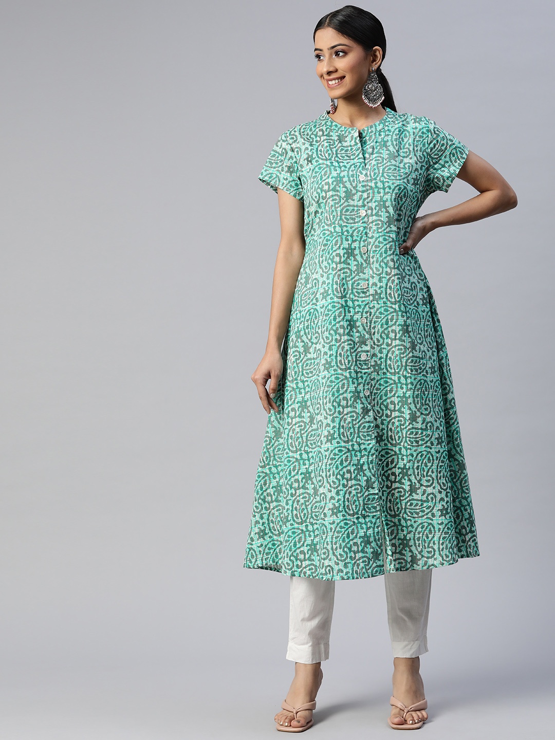 

SVARCHI Women Sea Green & Brown Ethnic Motifs Printed Cotton Kurta