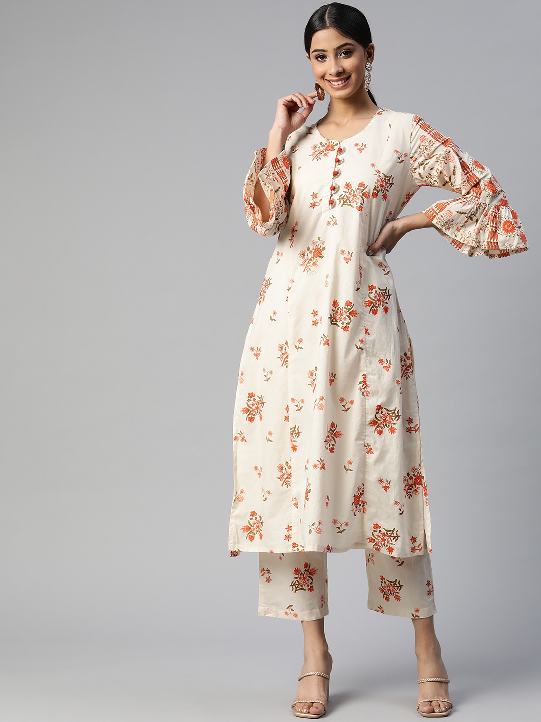 

SVARCHI Women Off White Floral Printed Pure Cotton Kurta with Palazzos