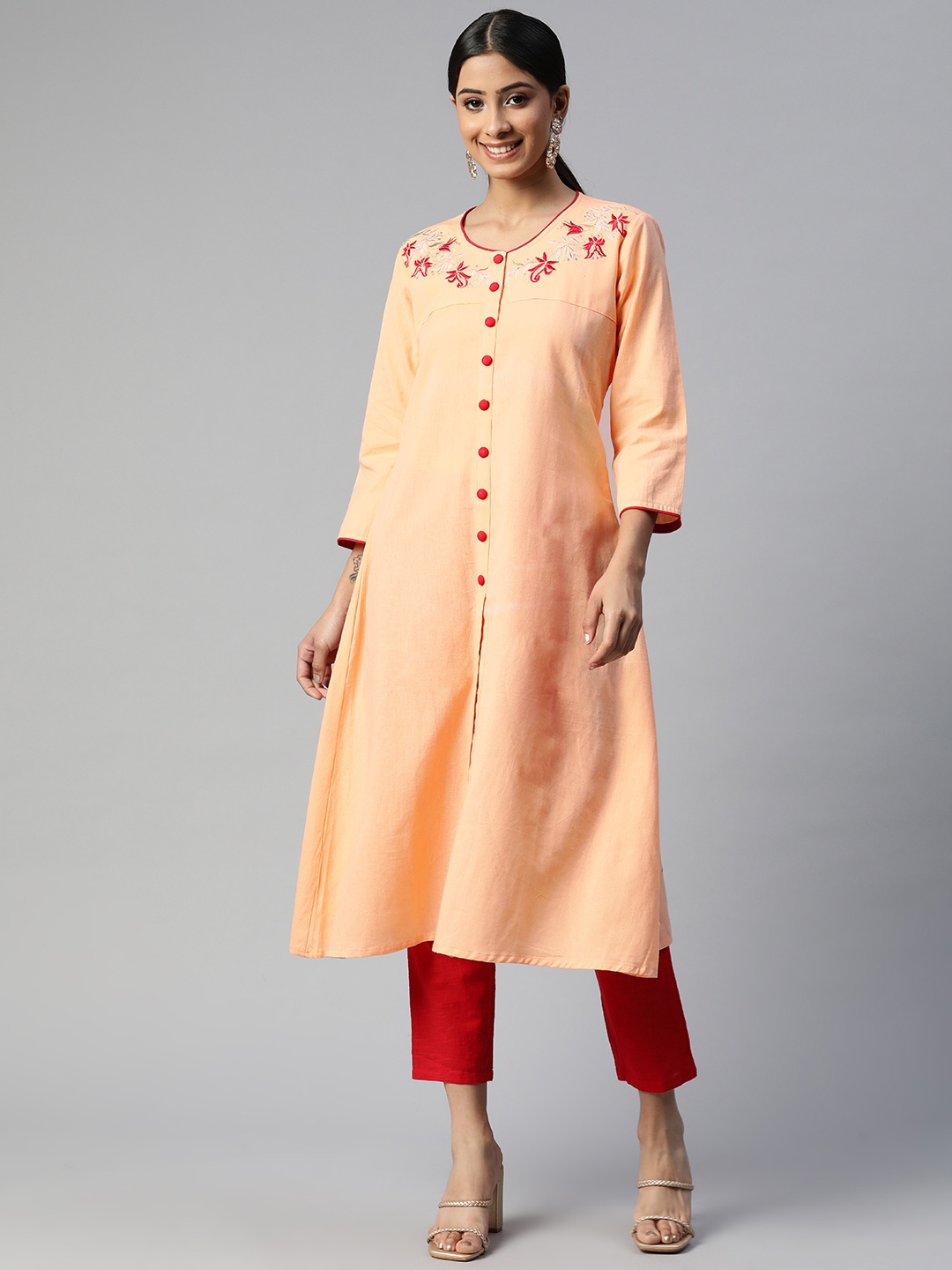 

SVARCHI Women Peach-Coloured Embroidered Detail Cotton Kurta