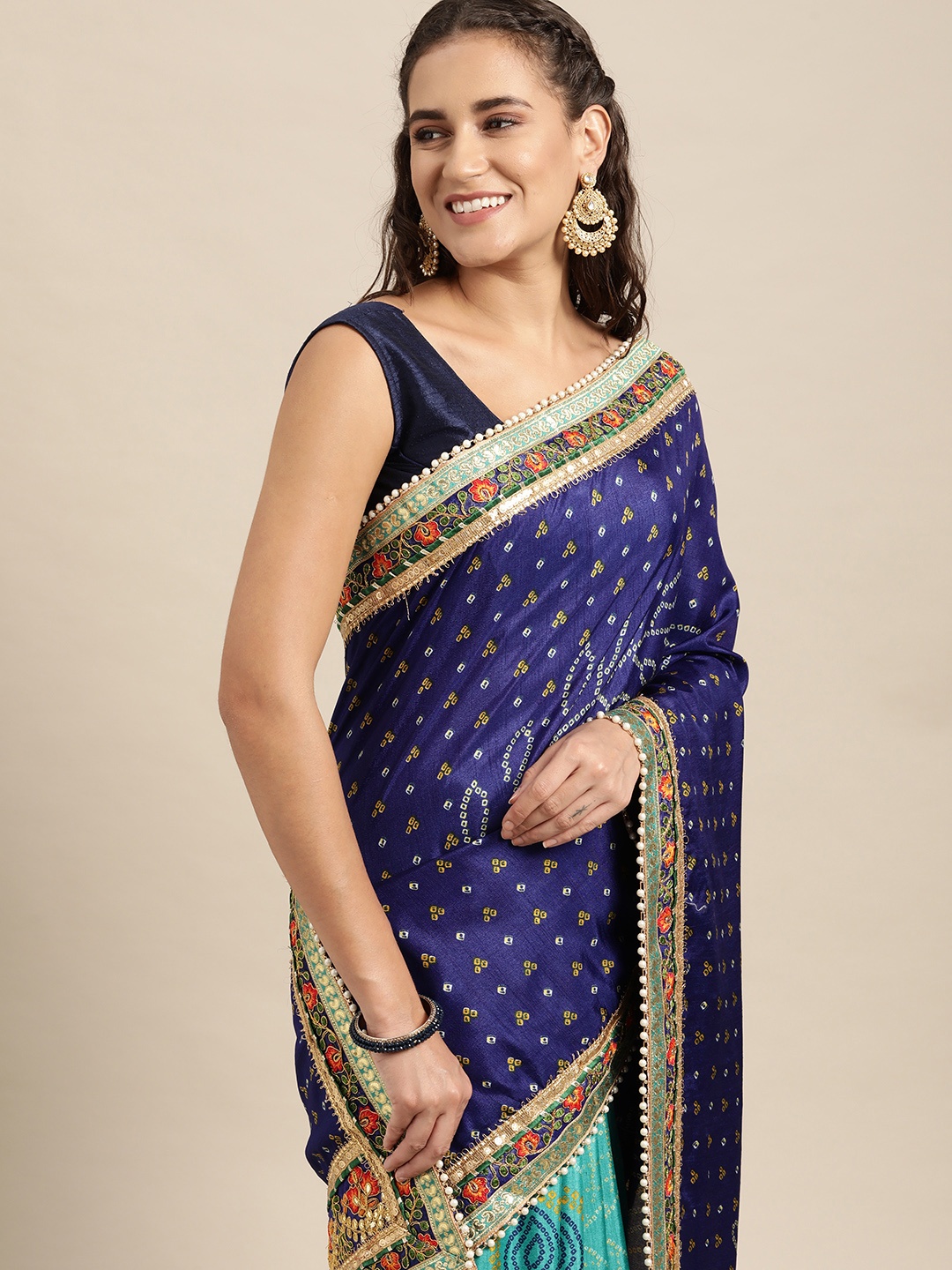 

VASTRANAND Blue Sequinned Bandhani Saree