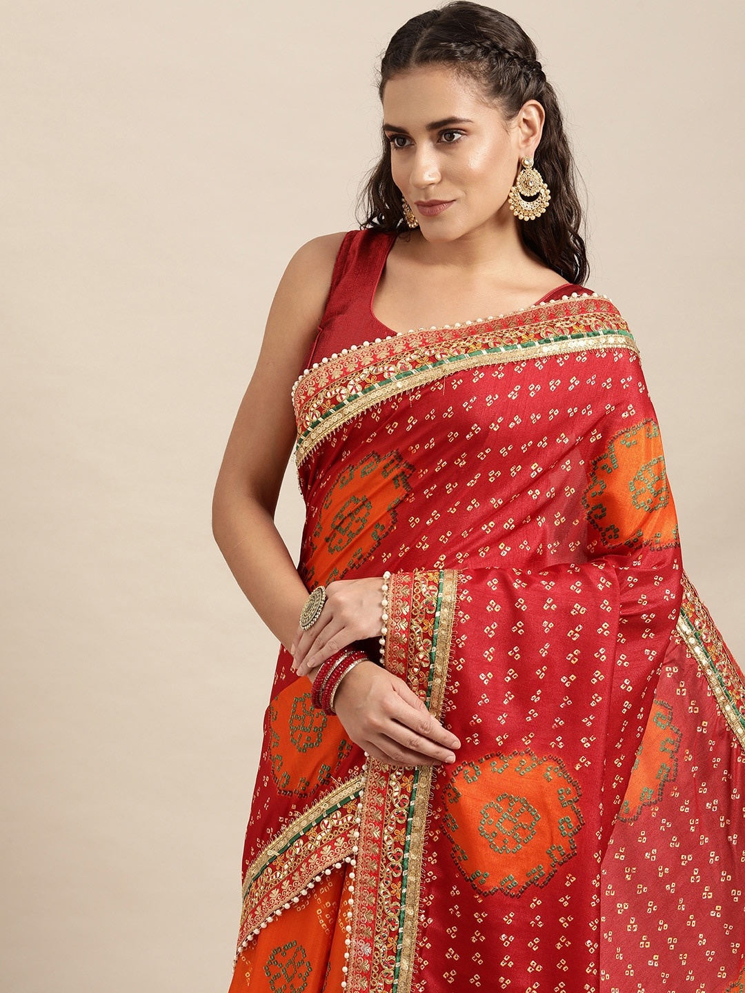 

VASTRANAND Red & Orange Sequinned Bandhani Saree