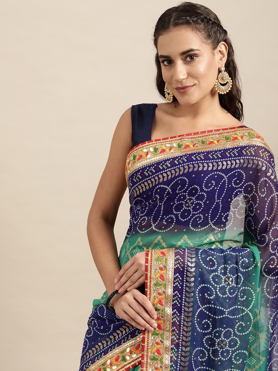 

VASTRANAND Blue Sequinned Bandhani Saree