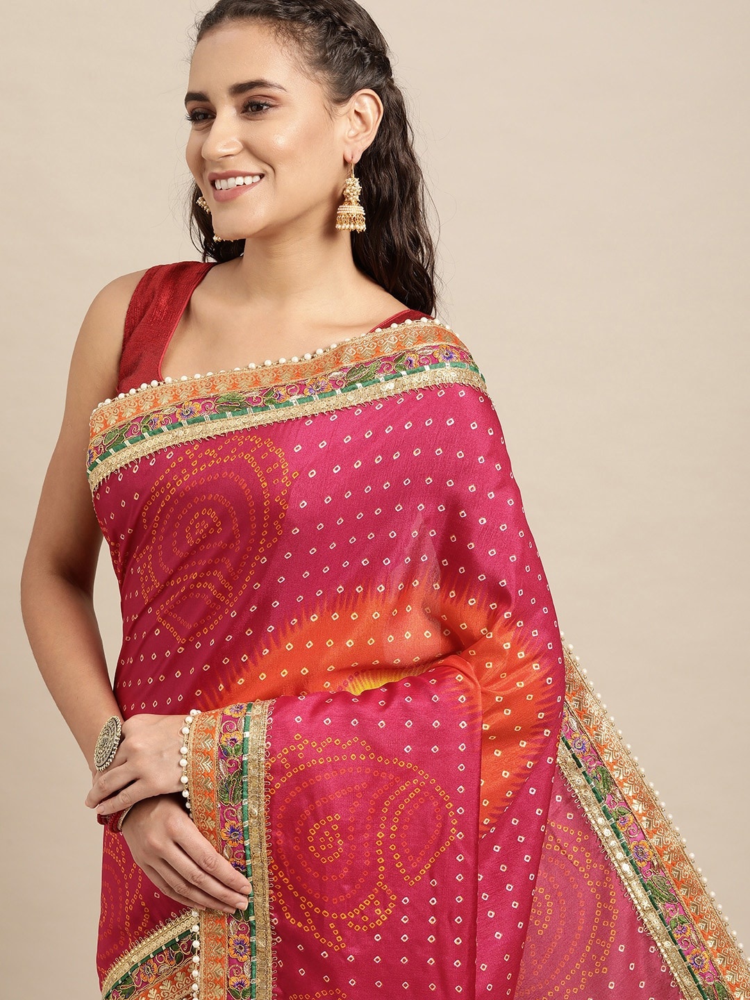 

VASTRANAND Pink & Orange Sequinned Bandhani Saree