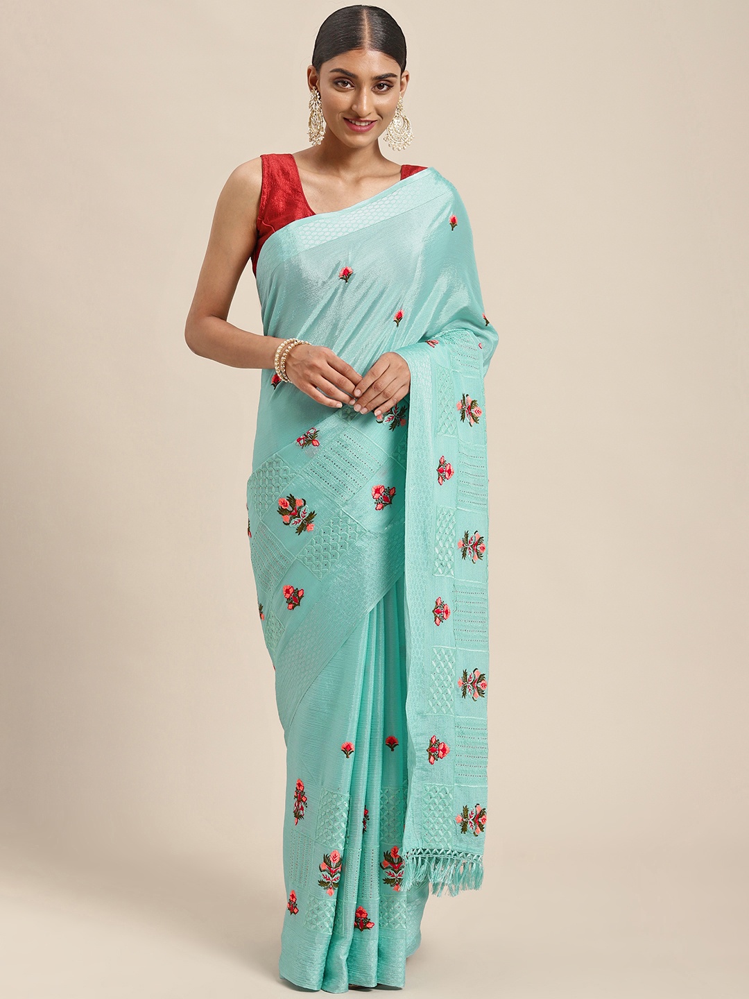 

VASTRANAND Blue & Pink Ethnic Motifs Embroidered Saree