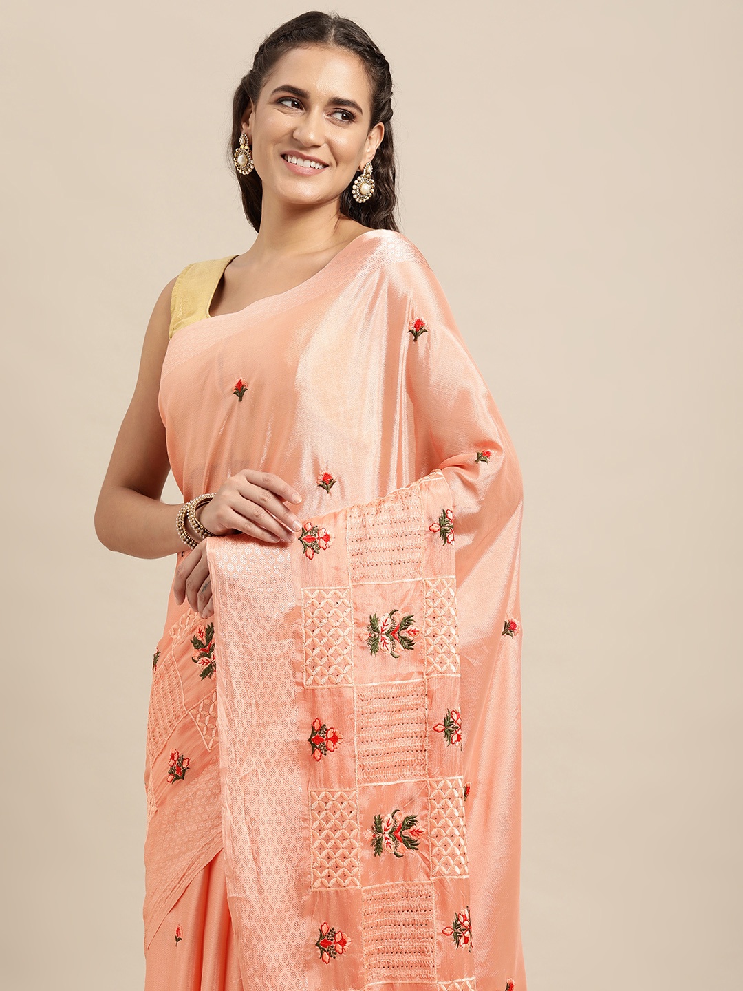 

VASTRANAND Peach-Coloured Woven Design Embroidered Saree