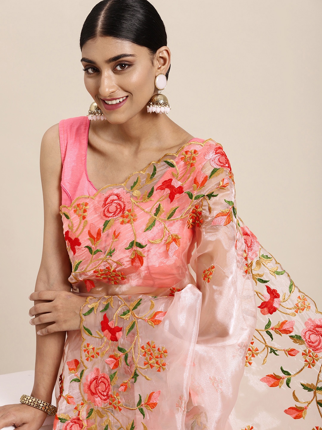 

VASTRANAND Pink & Green Floral Embroidered Organza Saree