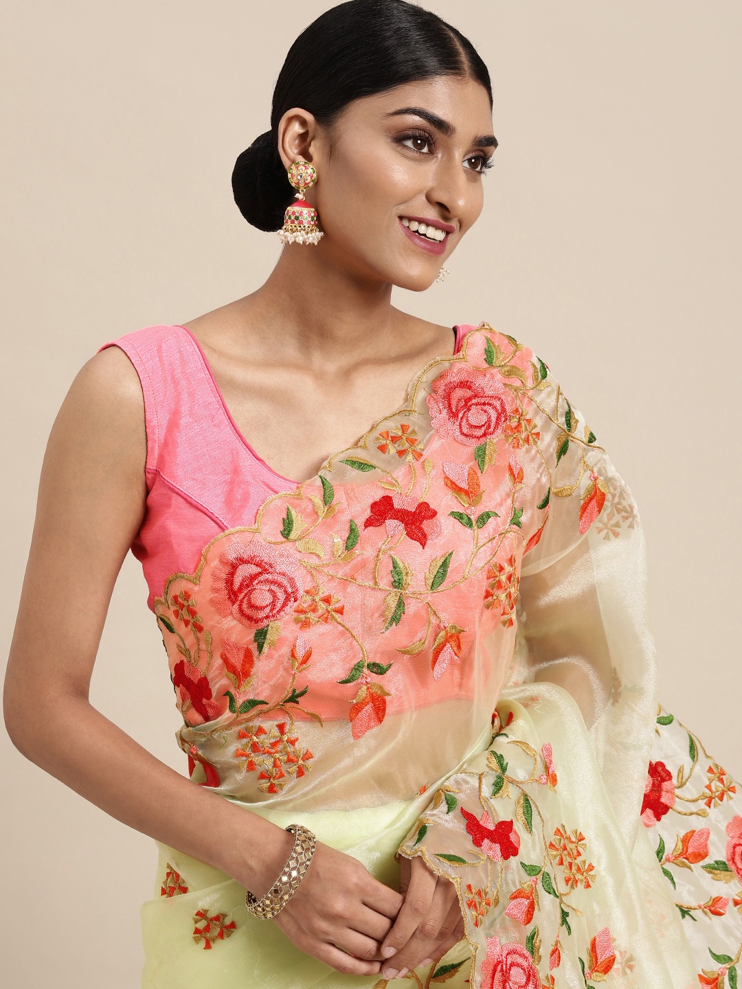 

VASTRANAND Lime Green & Pink Floral Embroidered Organza Saree