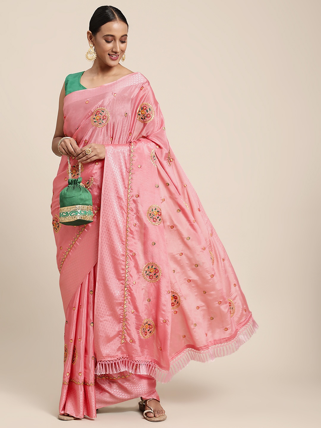 

VASTRANAND Pink & Golden Ethnic Motifs Embroidered Saree