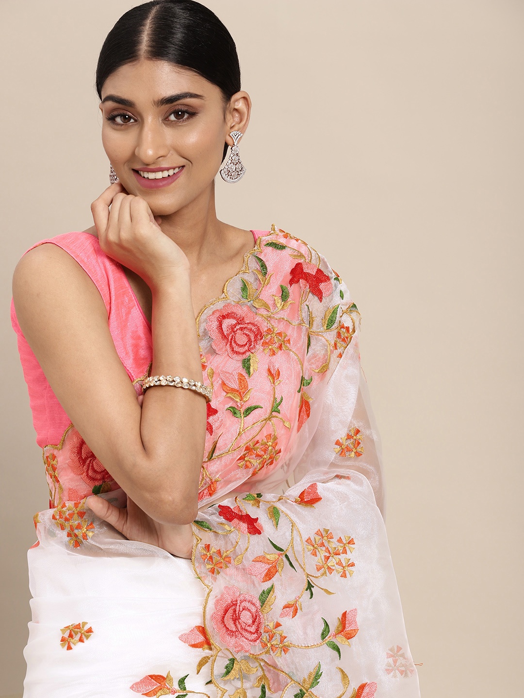 

VASTRANAND White & Pink Floral Embroidered Organza Saree