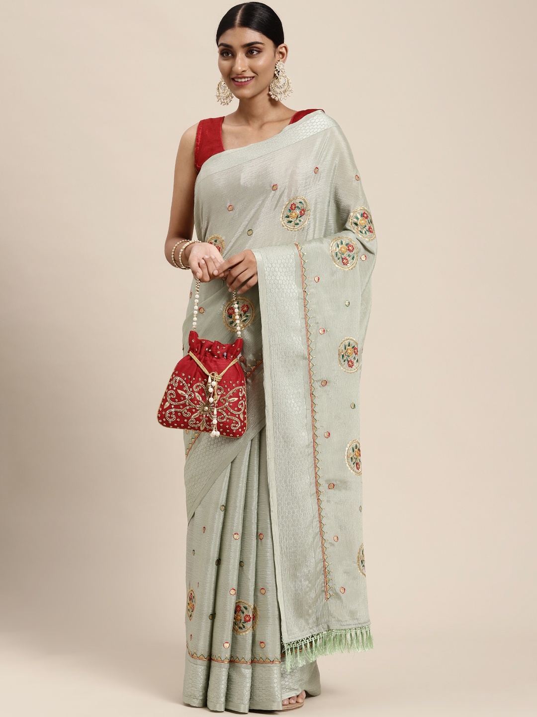 

VASTRANAND Grey & Golden Ethnic Motifs Embroidered Saree