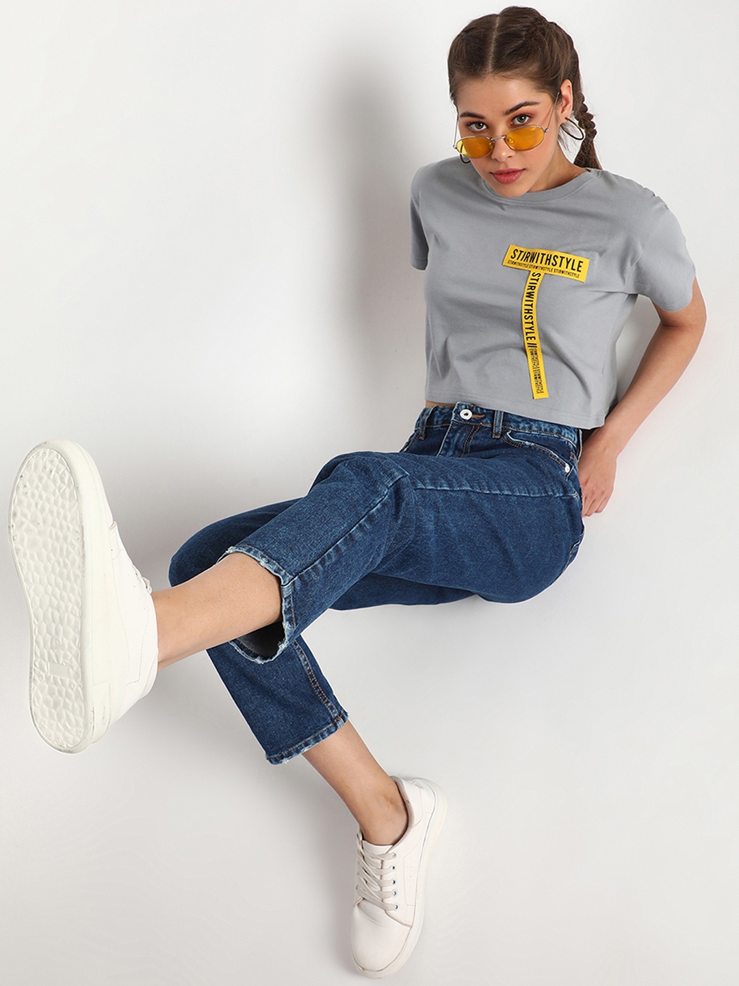 

Belliskey Women Grey & Yellow Typography Printed Boxy T-shirt