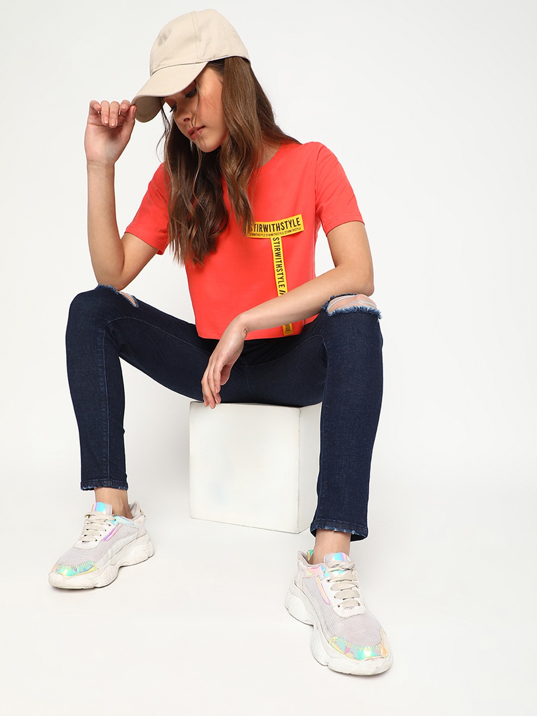 Belliskey Women Orange & Yellow Typography Printed T-shirt