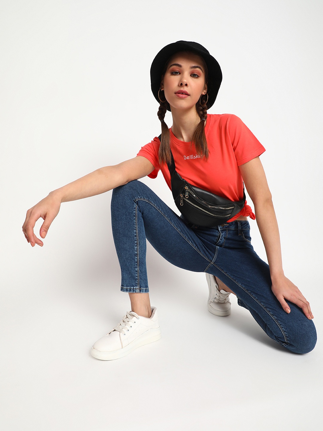 

Belliskey Women Orange Brand Logo Printed T-shirt