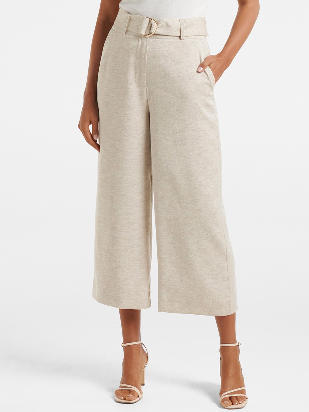 

Forever New Women Cream-Coloured High-Rise Culottes Trousers
