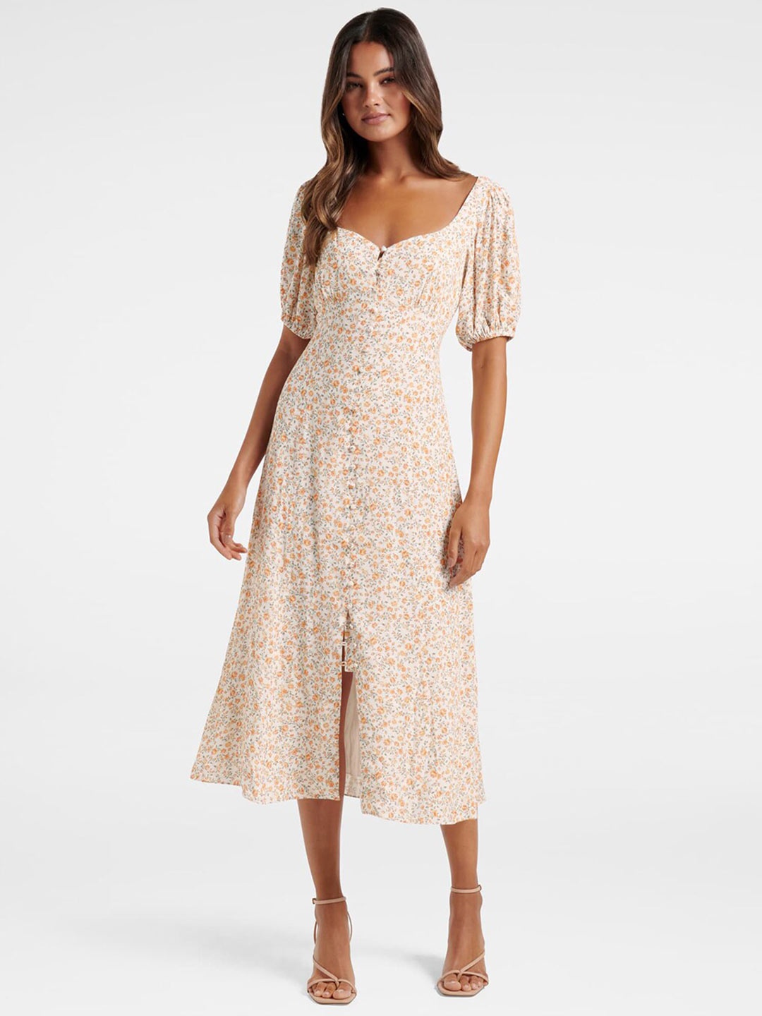 

Forever New Women Peach-Coloured Floral A-Line Midi Dress