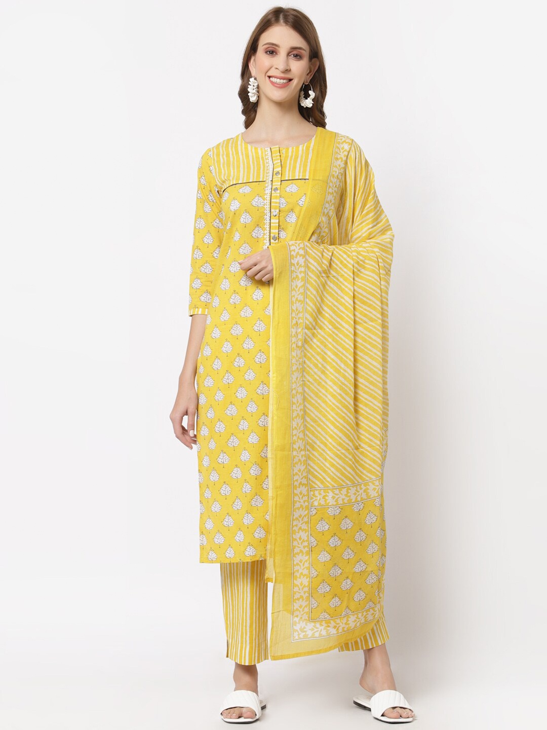 

KAMI KUBI Yellow & White Printed Unstitched Dress Material
