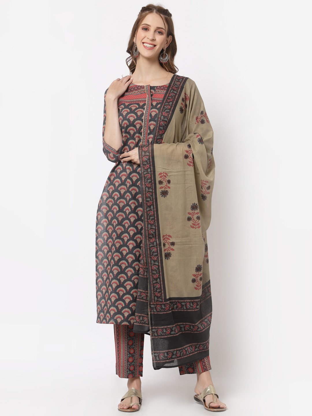 

KAMI KUBI Grey & Peach-Coloured Printed Pure Cotton Unstitched Dress Material