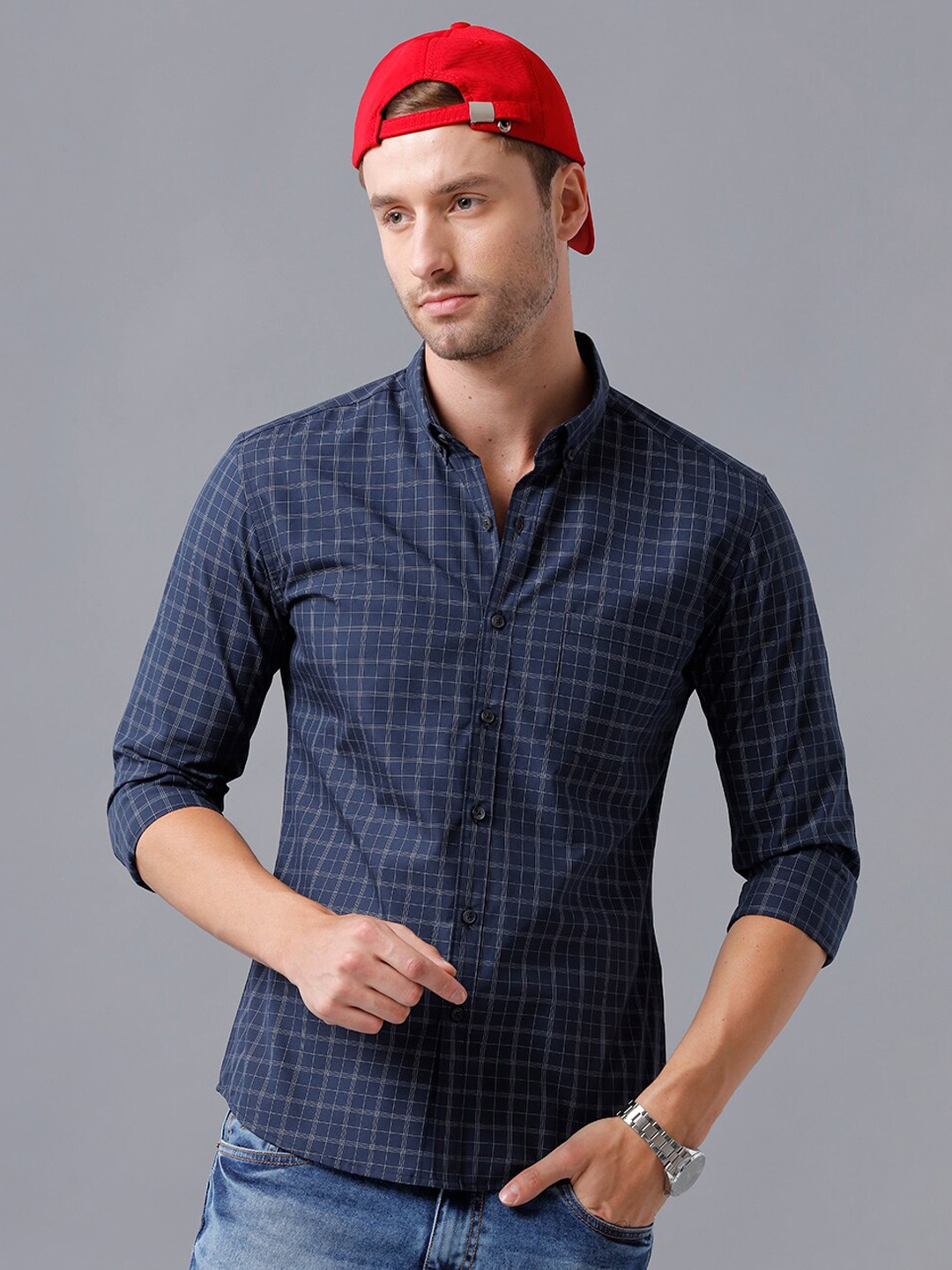 

YOVISH Men Navy Blue Smart Slim Fit Checked Button Down Collar Cotton Semiformal Shirt
