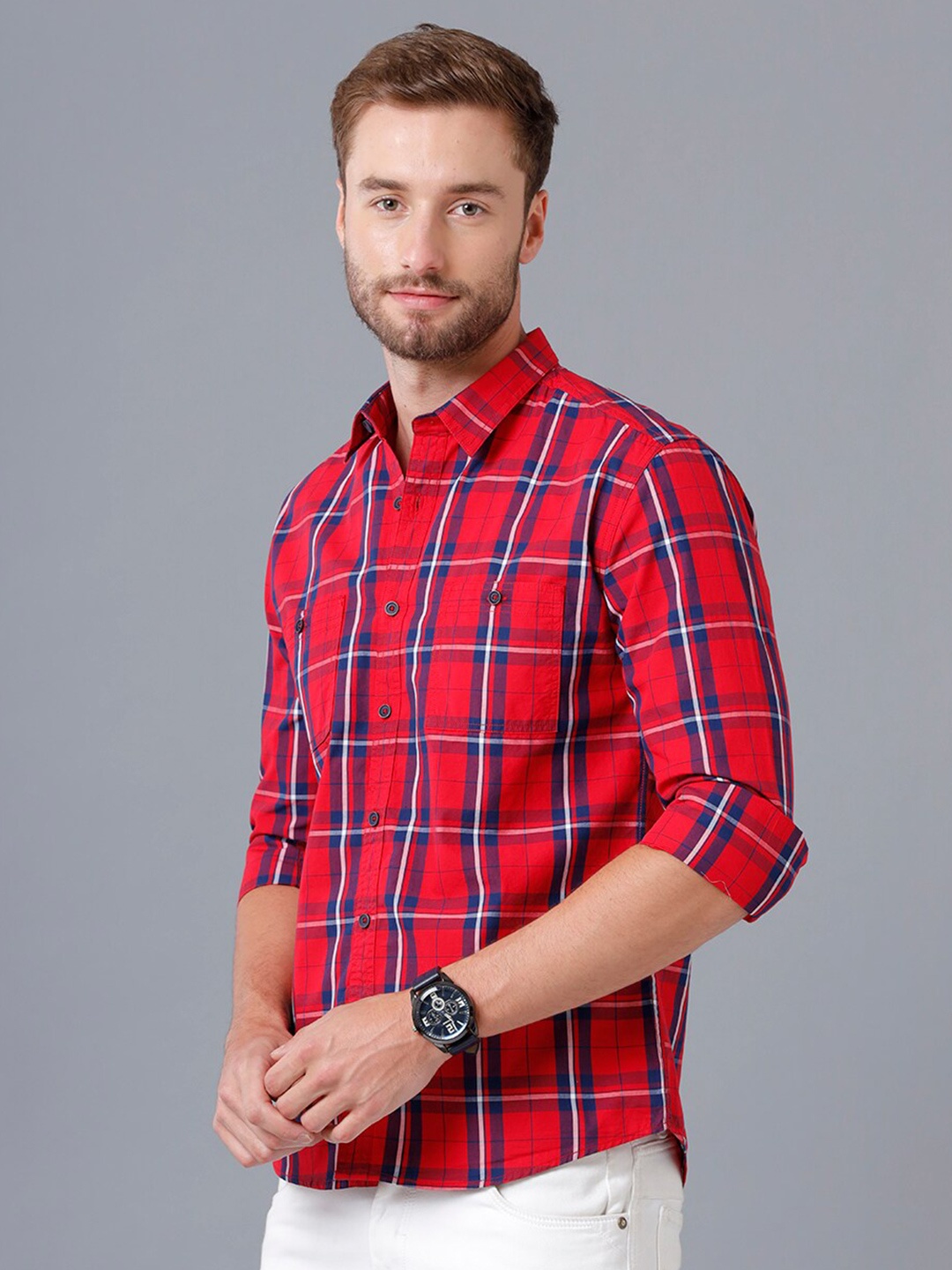 

YOVISH Men Red Smart Slim Fit Checked Cotton Casual Shirt
