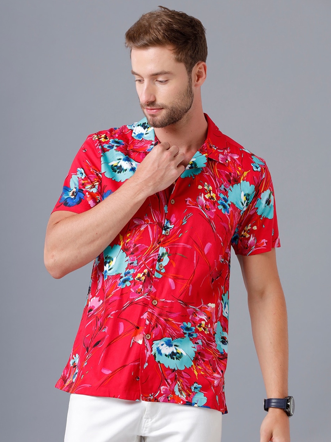 

YOVISH Men Red & Turquoise Blue Smart Slim Fit Floral Printed Cotton Casual Shirt