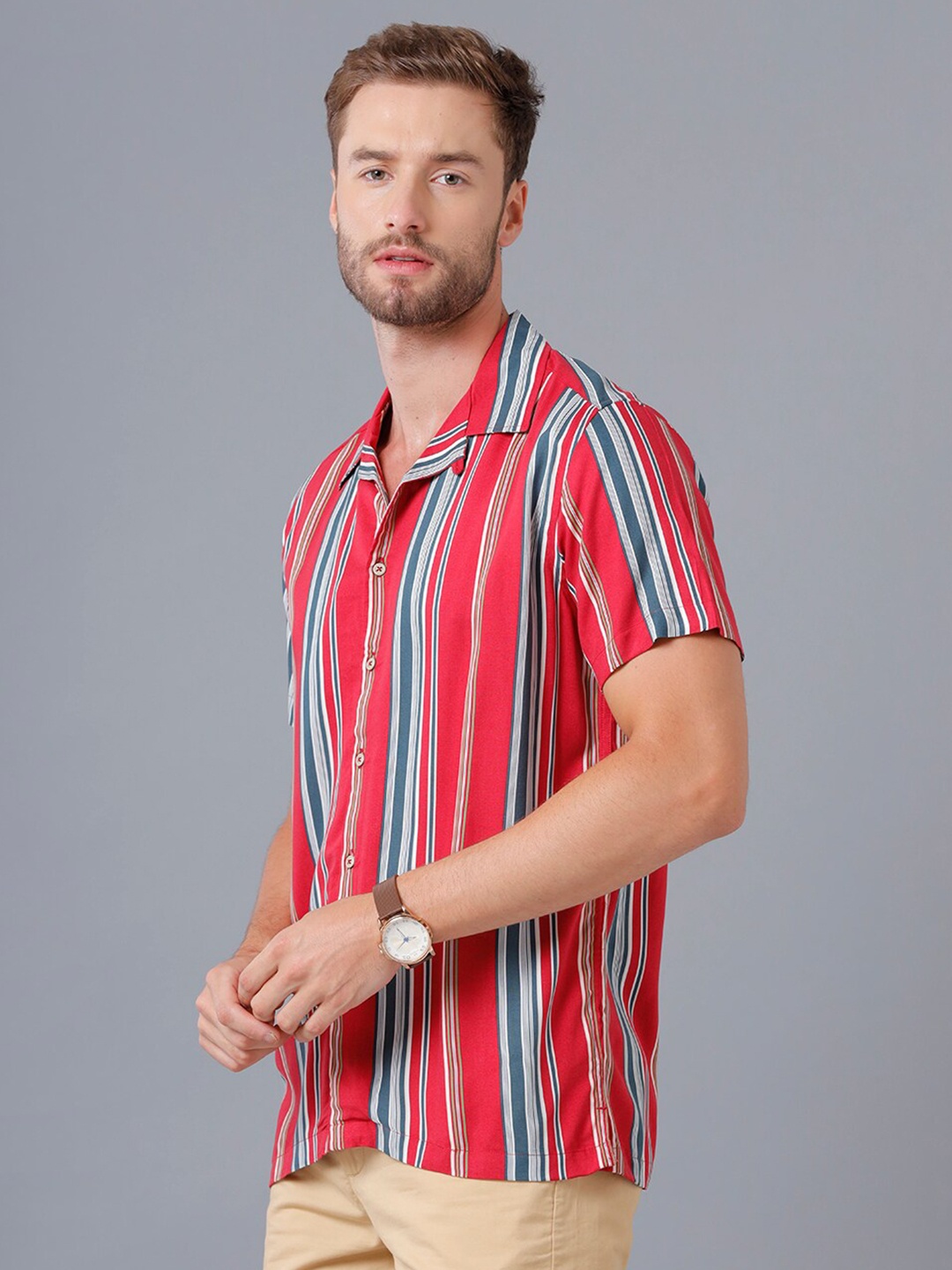 

YOVISH Men Red Smart Striped Casual Shirt