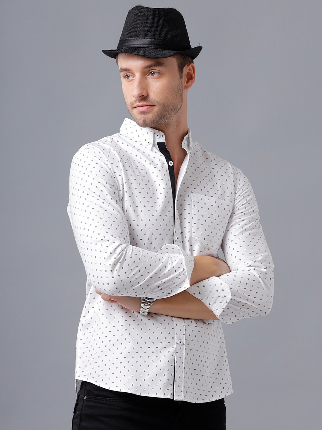 

YOVISH Men White Smart Slim Fit Printed Cotton Semiformal Shirt