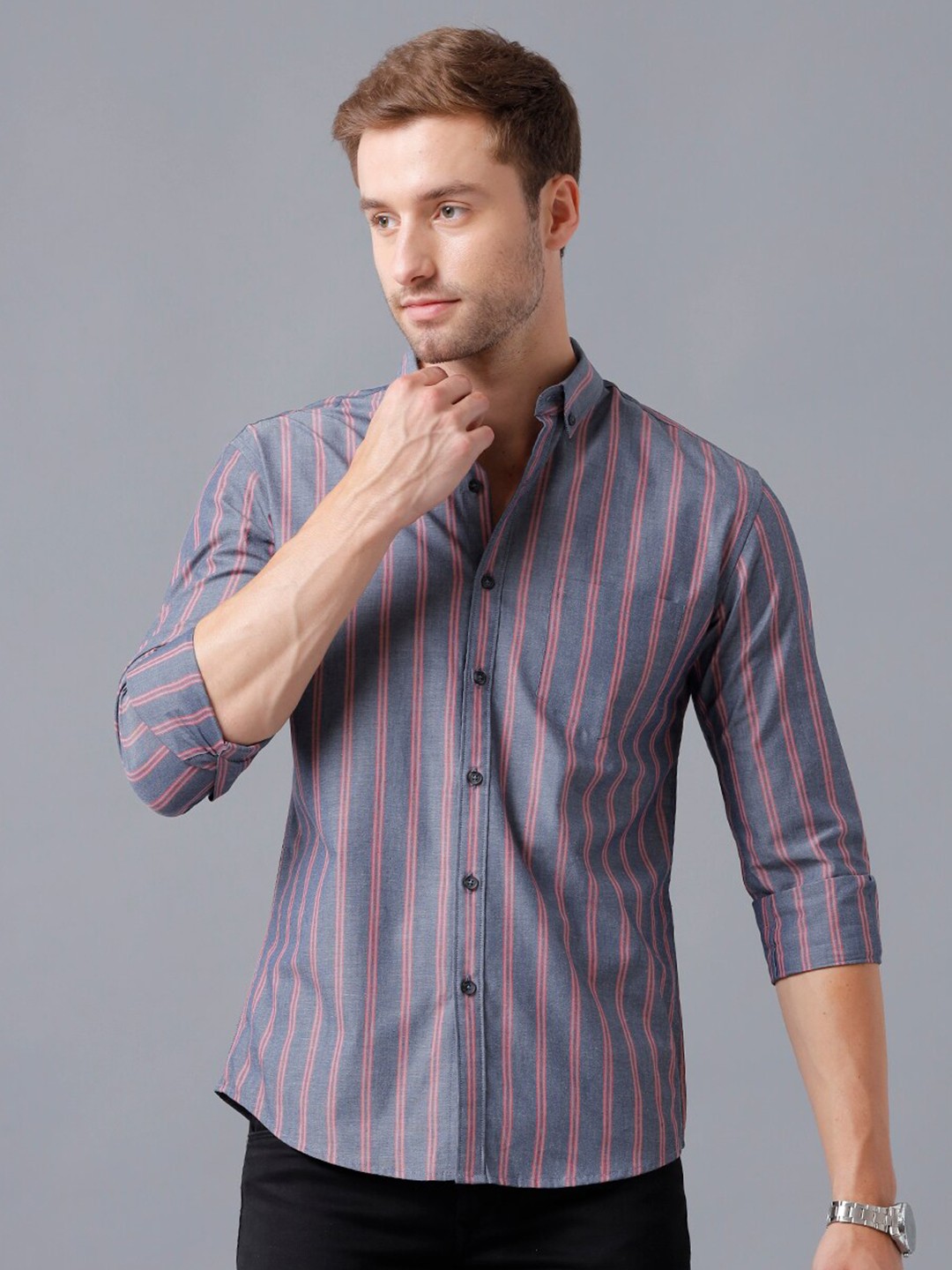 

YOVISH Men Grey Striped Smart Slim Fit Cotton Casual Shirt