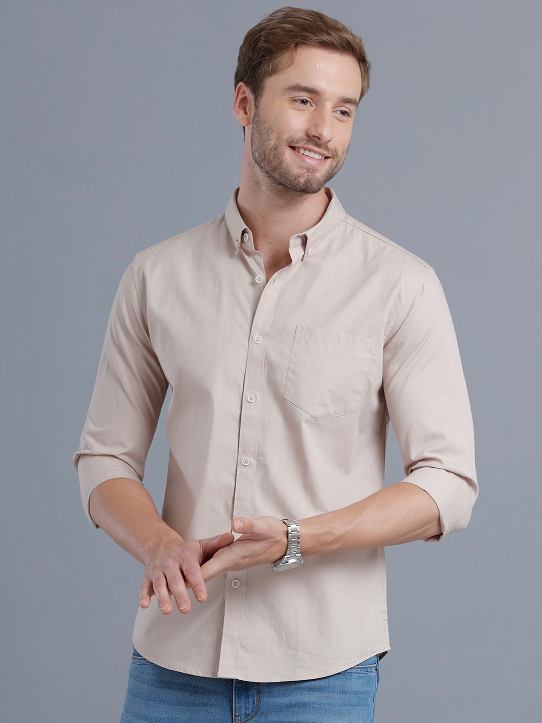 

YOVISH Men Cream-Coloured Smart Slim Fit Button-Down Collar Cotton Casual Shirt