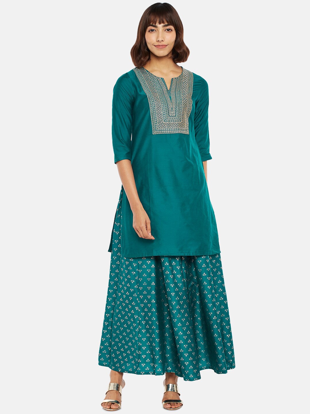 

RANGMANCH BY PANTALOONS Women Teal Kurti with Palazzos & With Dupatta
