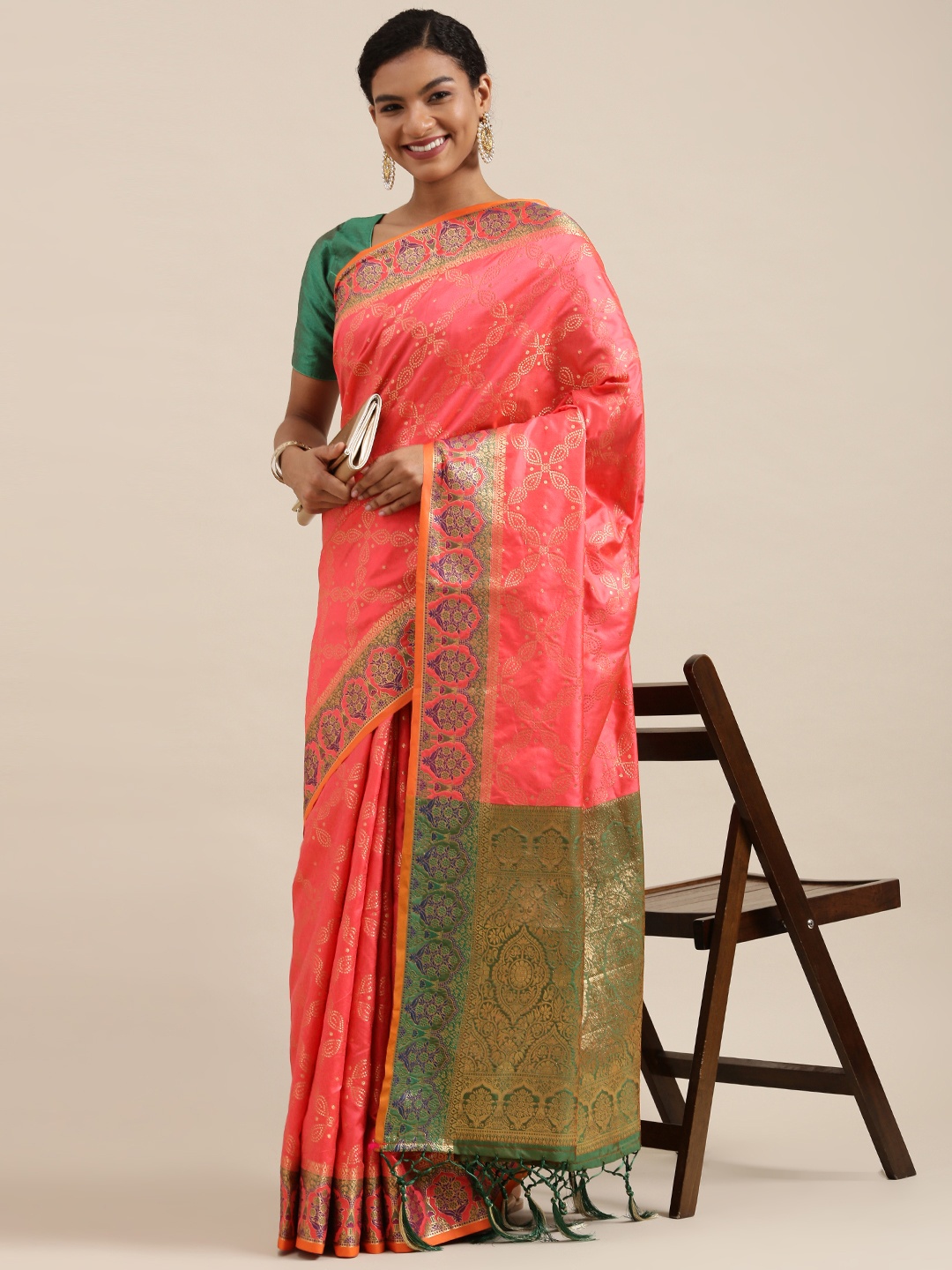 

SANGAM PRINTS Coral Pink Embellished Banarasi Silk Saree