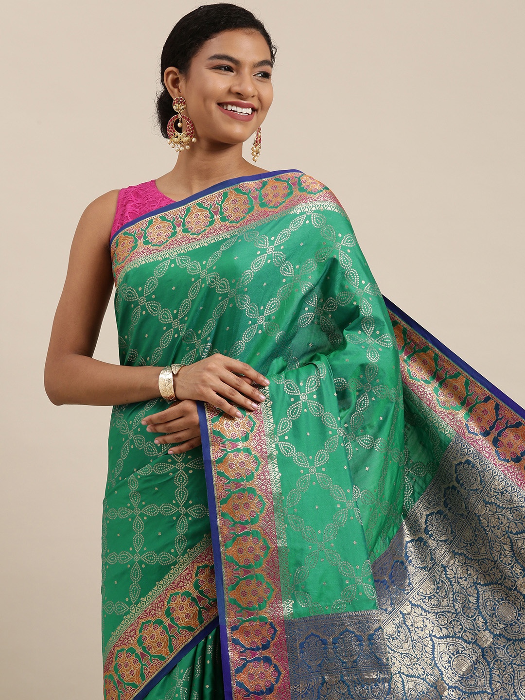 

SANGAM PRINTS Teal Green Embellished Banarasi Silk Saree