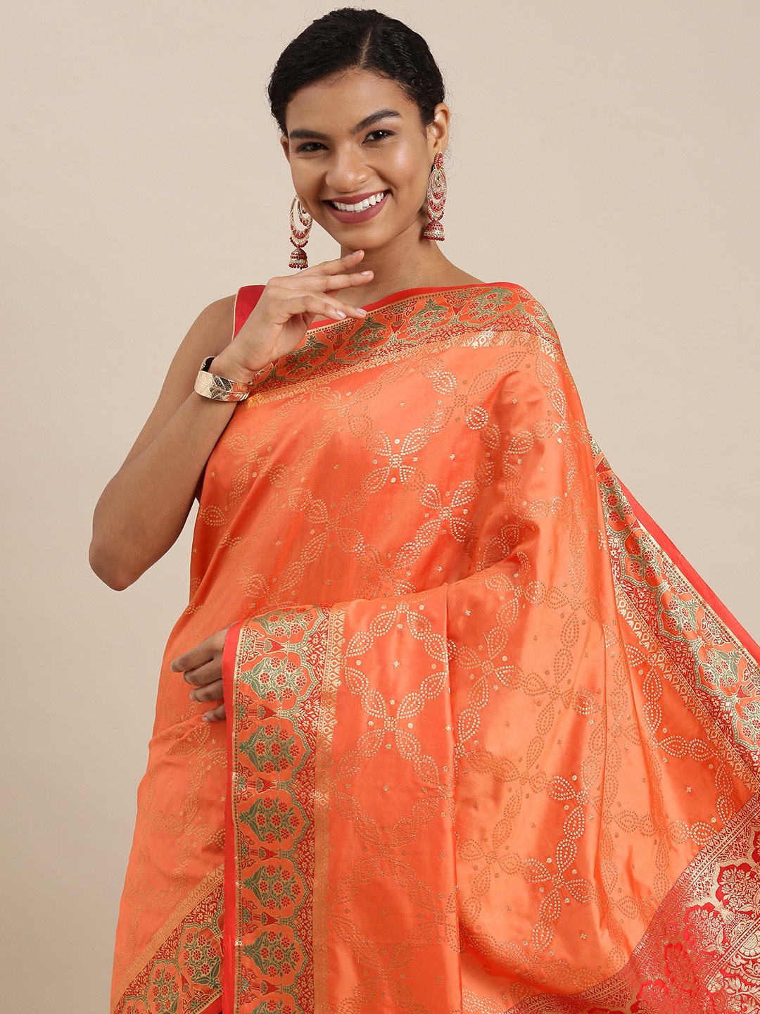 

SANGAM PRINTS Peach-Coloured Embellished Banarasi Silk Saree
