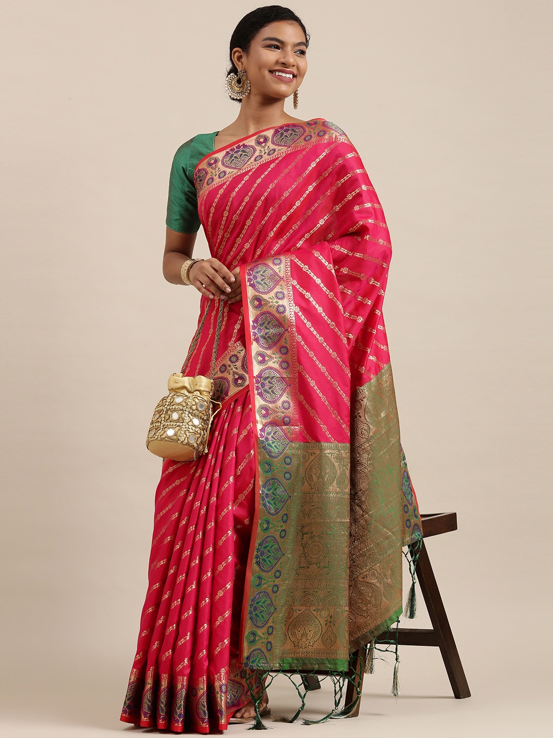 

SANGAM PRINTS Pink Woven Design Banarasi Silk Saree