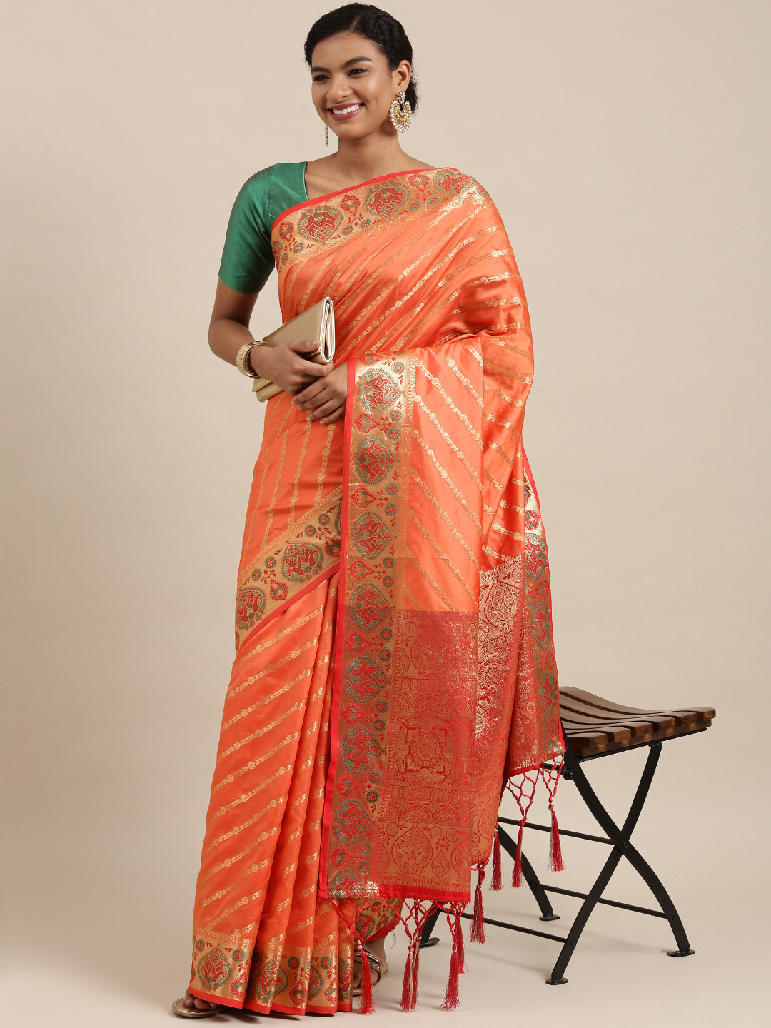 

SANGAM PRINTS Peach-Coloured Woven Design Banarasi Silk Saree