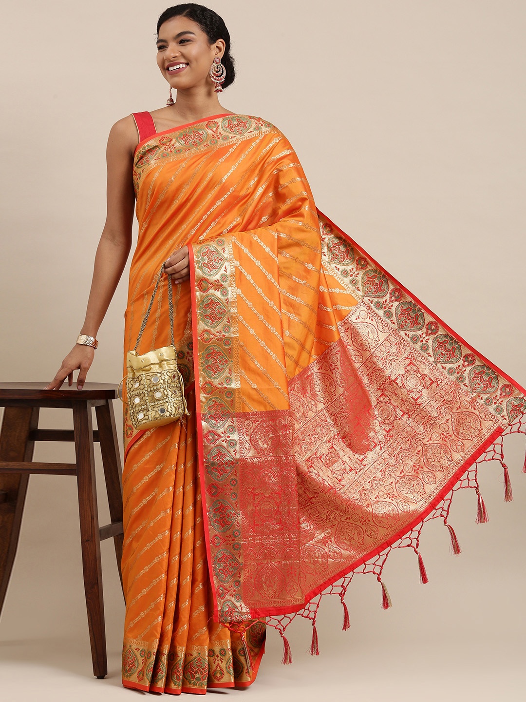 

SANGAM PRINTS Orange Embellished Banarasi Silk Saree