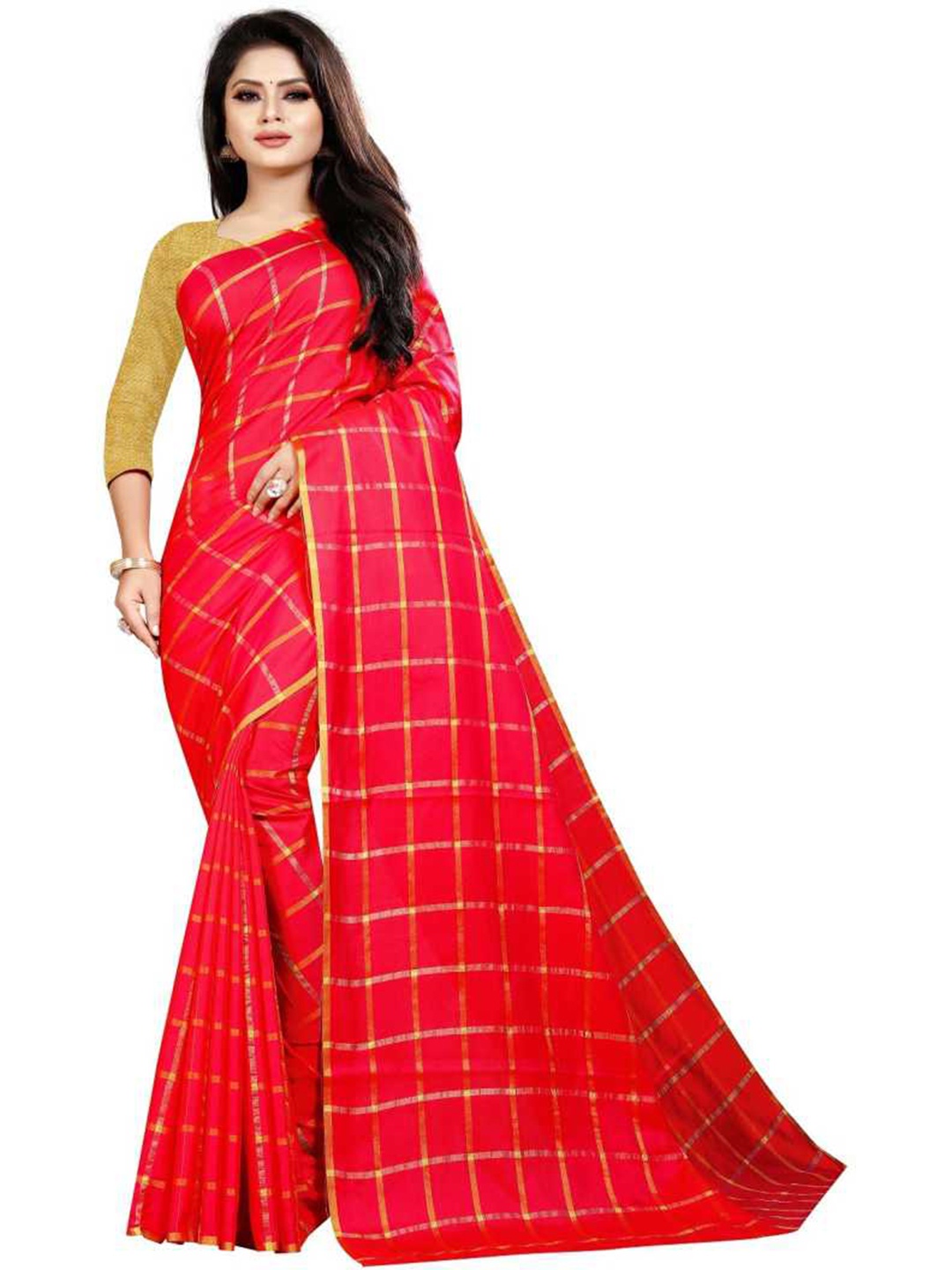 

KALINI Red & Gold-Toned Checked Silk Blend Saree